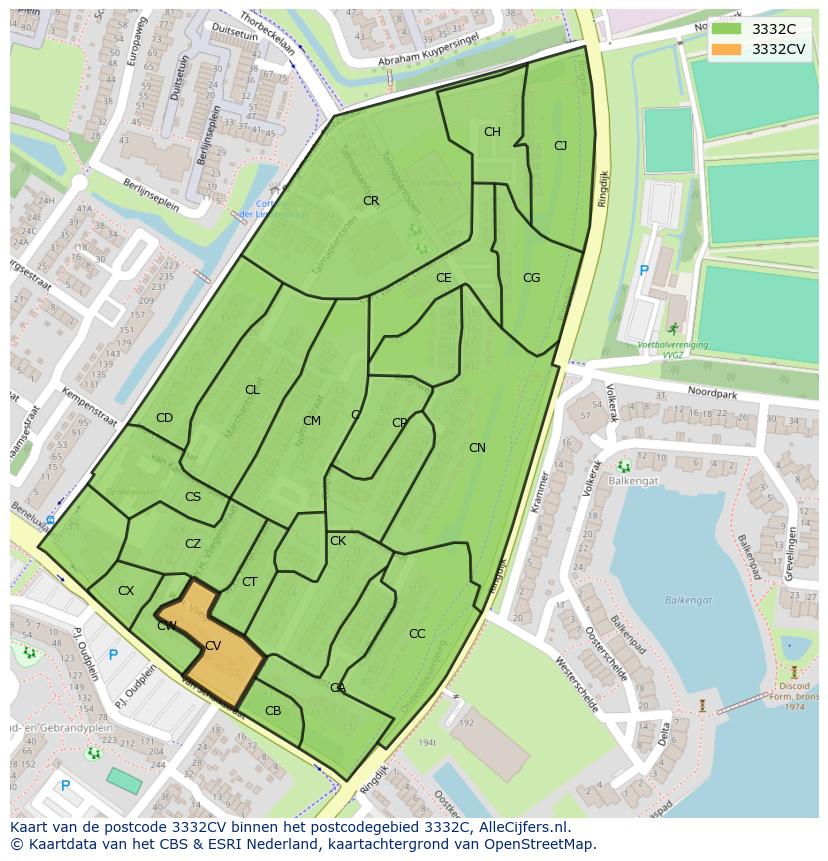 Afbeelding van het postcodegebied 3332 CV op de kaart.