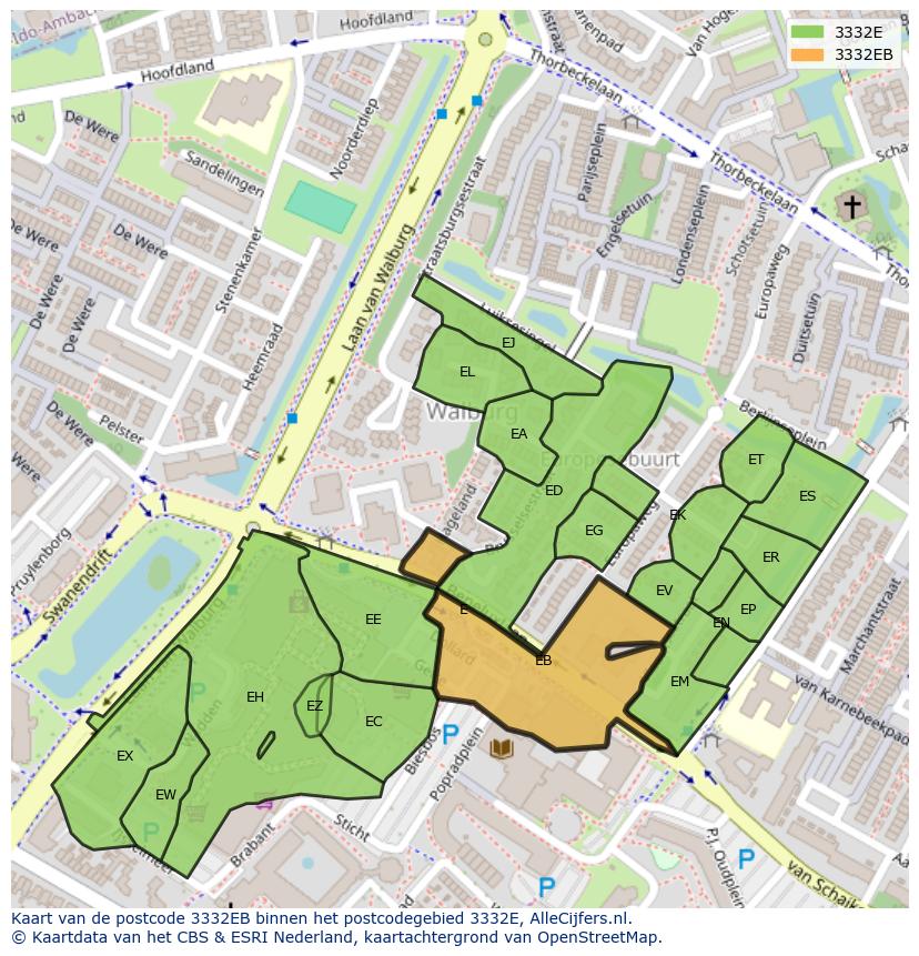 Afbeelding van het postcodegebied 3332 EB op de kaart.