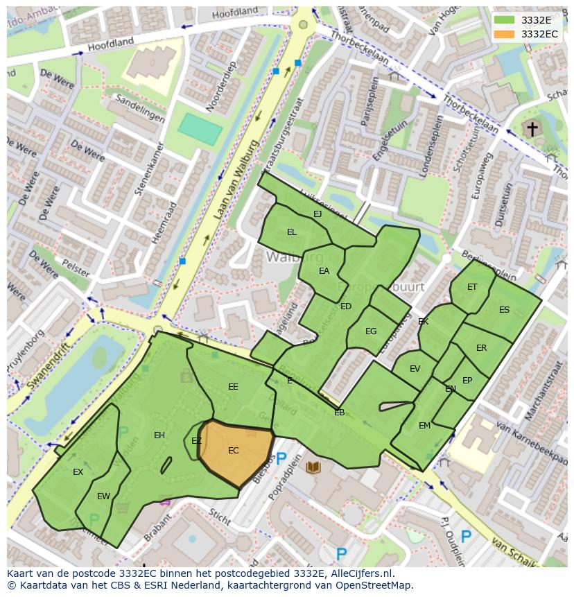 Afbeelding van het postcodegebied 3332 EC op de kaart.