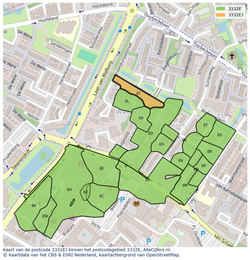 Afbeelding van het postcodegebied 3332 EJ op de kaart.
