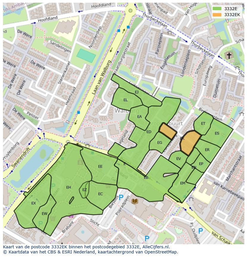 Afbeelding van het postcodegebied 3332 EK op de kaart.