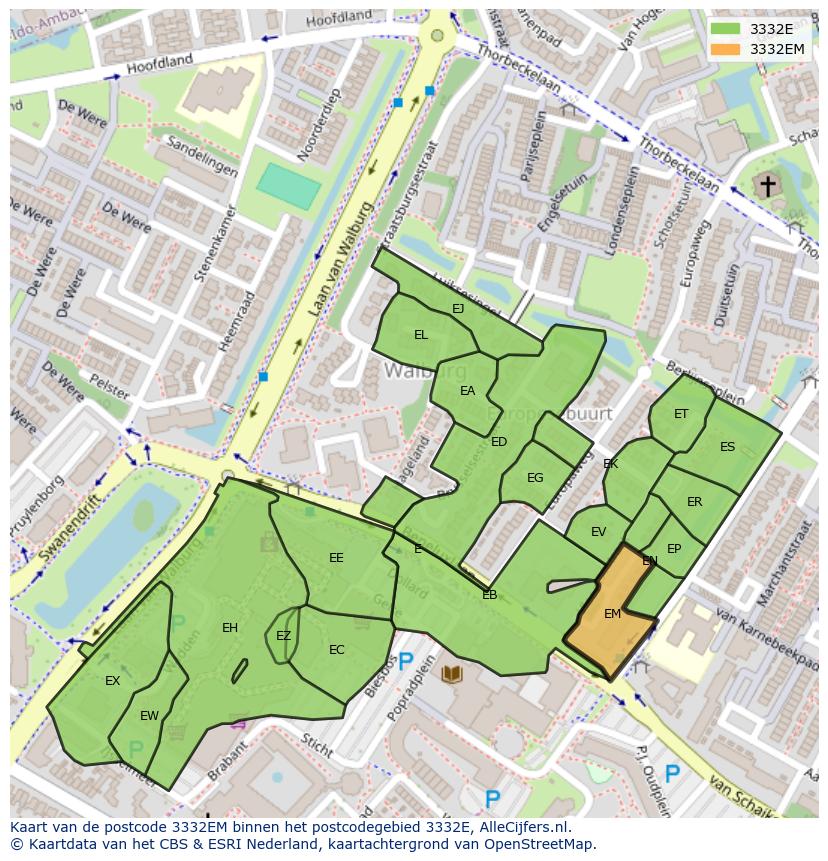 Afbeelding van het postcodegebied 3332 EM op de kaart.