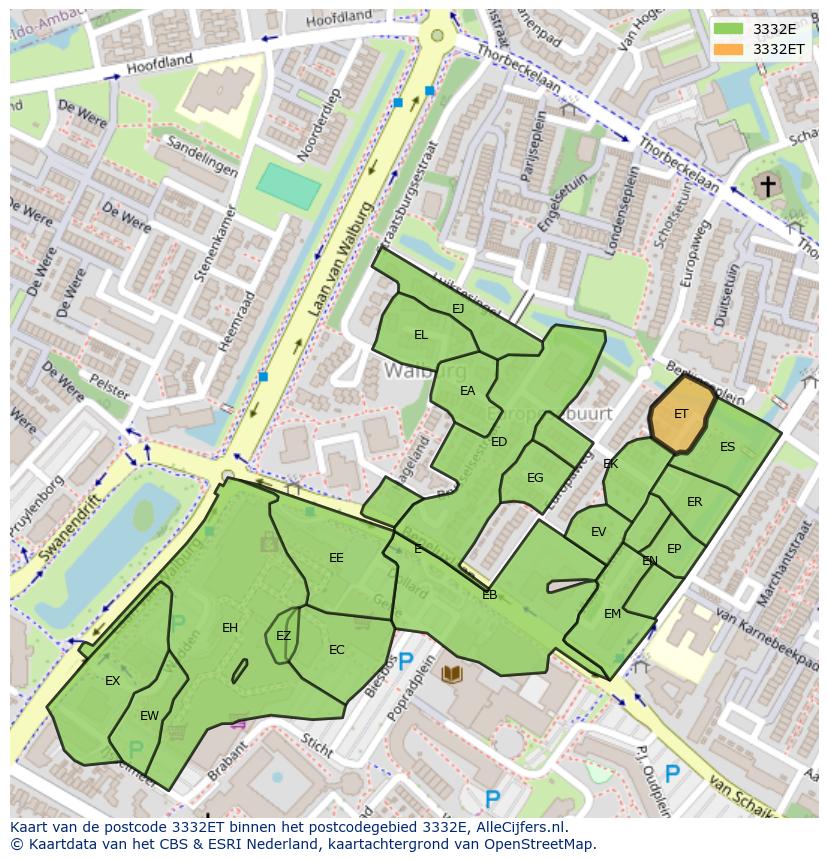 Afbeelding van het postcodegebied 3332 ET op de kaart.