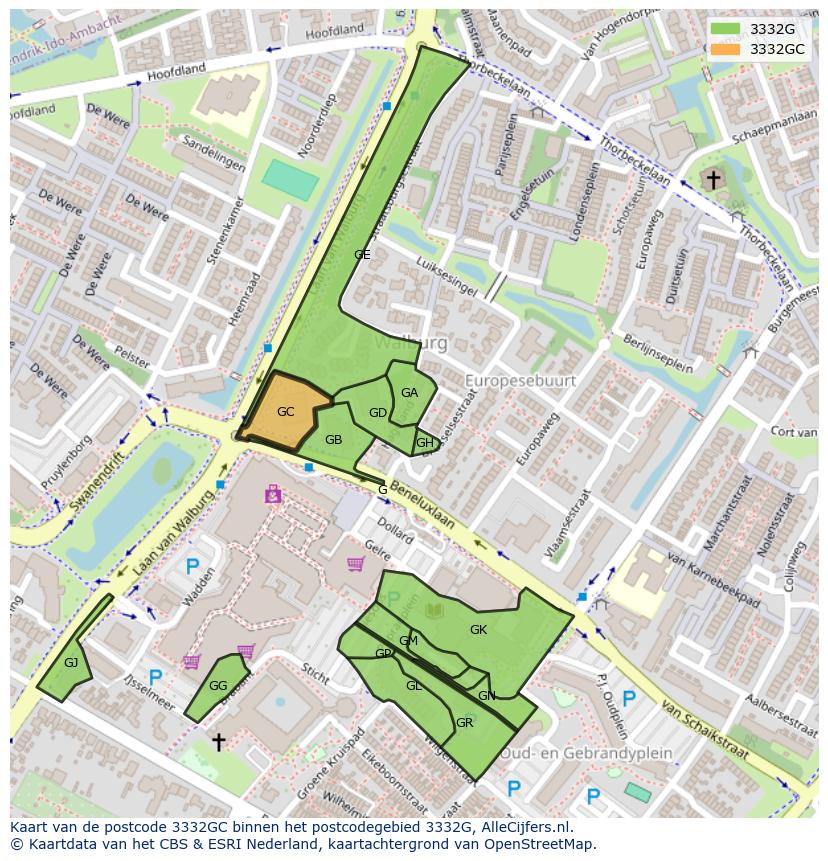 Afbeelding van het postcodegebied 3332 GC op de kaart.