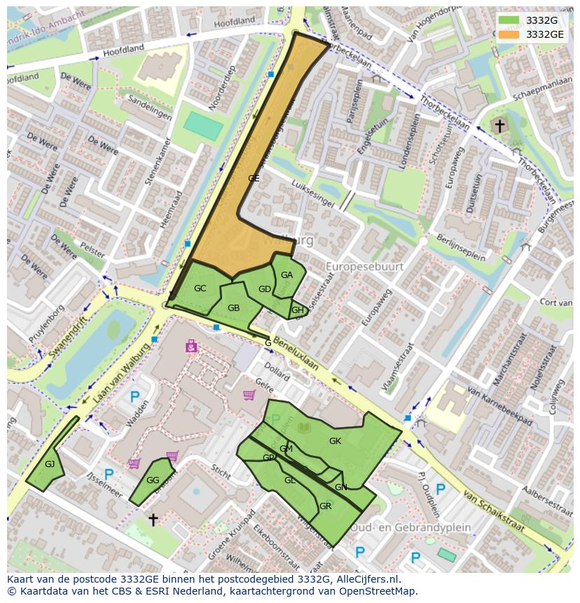 Afbeelding van het postcodegebied 3332 GE op de kaart.