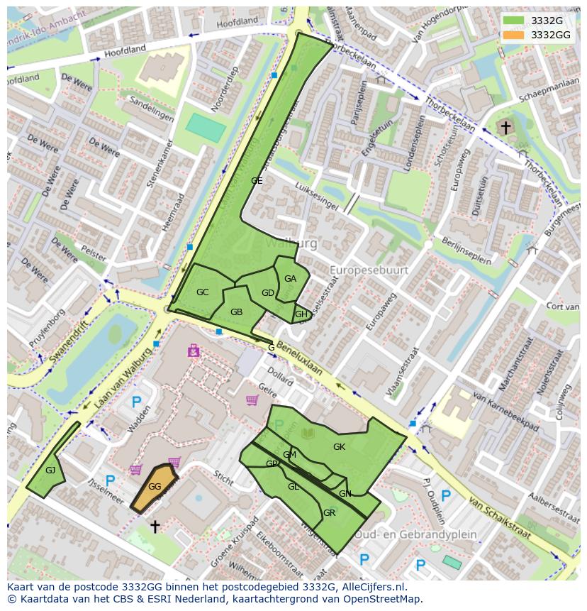 Afbeelding van het postcodegebied 3332 GG op de kaart.