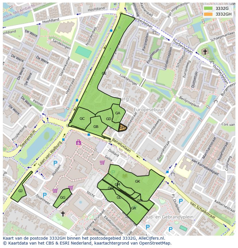 Afbeelding van het postcodegebied 3332 GH op de kaart.