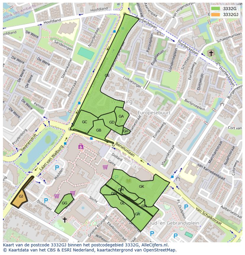 Afbeelding van het postcodegebied 3332 GJ op de kaart.
