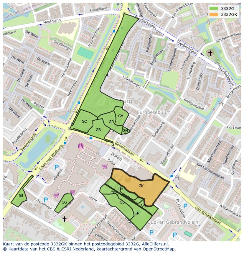 Afbeelding van het postcodegebied 3332 GK op de kaart.