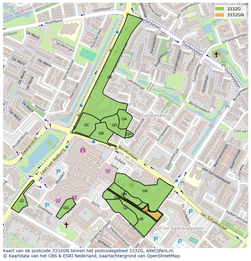 Afbeelding van het postcodegebied 3332 GN op de kaart.