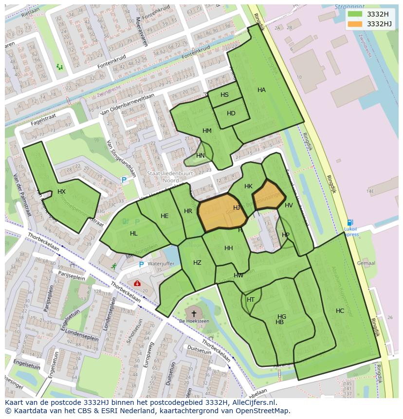 Afbeelding van het postcodegebied 3332 HJ op de kaart.