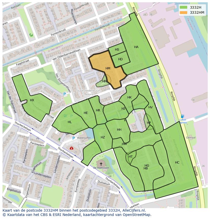 Afbeelding van het postcodegebied 3332 HM op de kaart.