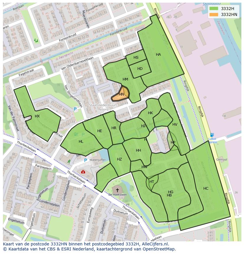 Afbeelding van het postcodegebied 3332 HN op de kaart.