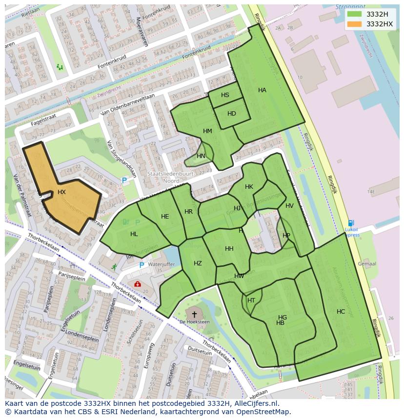Afbeelding van het postcodegebied 3332 HX op de kaart.