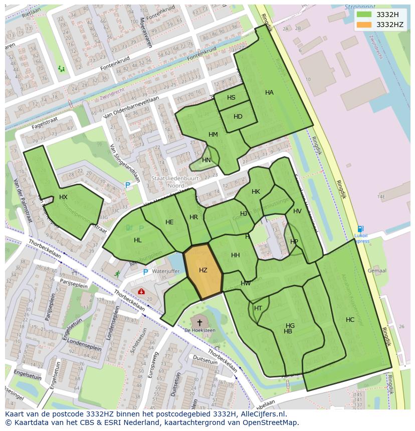 Afbeelding van het postcodegebied 3332 HZ op de kaart.
