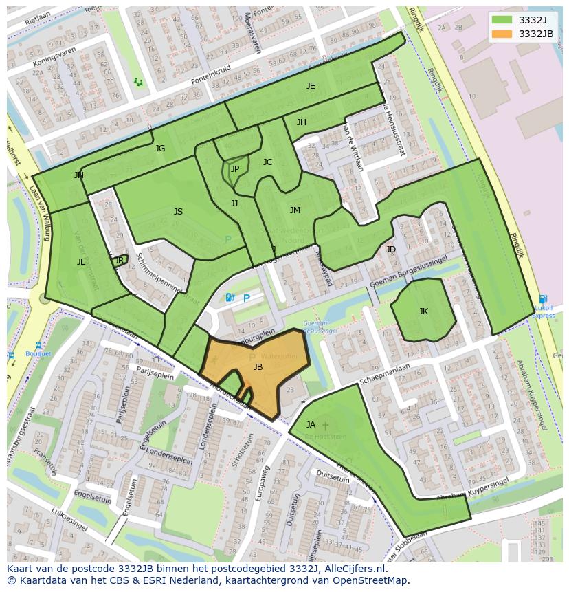 Afbeelding van het postcodegebied 3332 JB op de kaart.