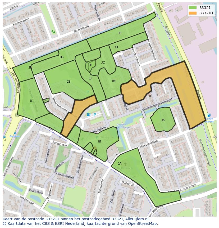Afbeelding van het postcodegebied 3332 JD op de kaart.