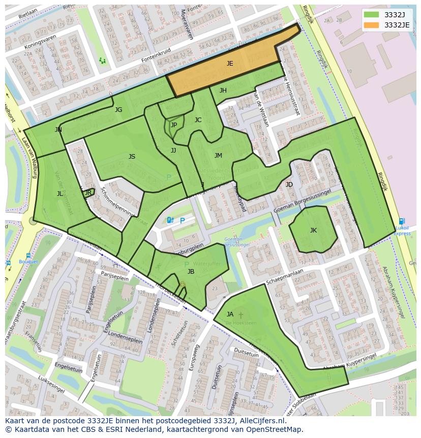 Afbeelding van het postcodegebied 3332 JE op de kaart.