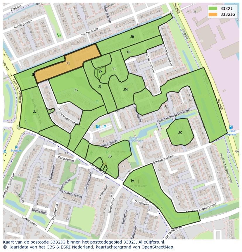 Afbeelding van het postcodegebied 3332 JG op de kaart.