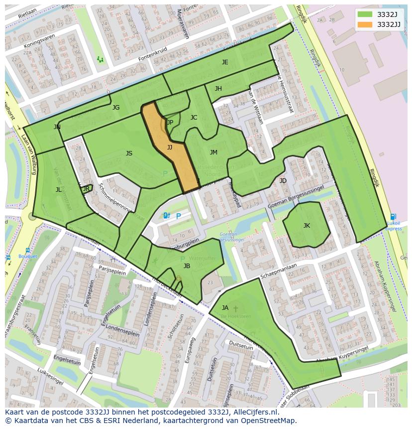 Afbeelding van het postcodegebied 3332 JJ op de kaart.