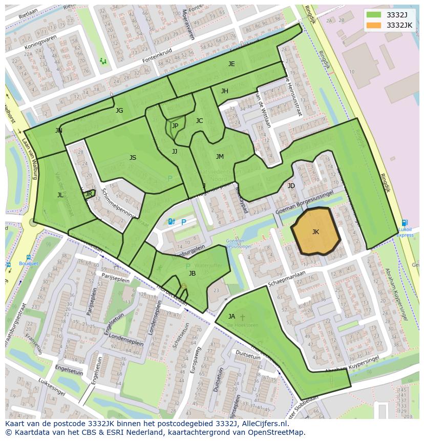Afbeelding van het postcodegebied 3332 JK op de kaart.