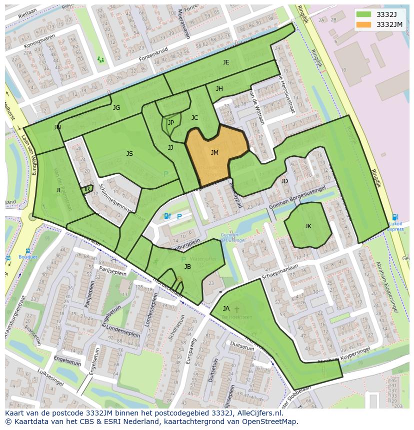 Afbeelding van het postcodegebied 3332 JM op de kaart.