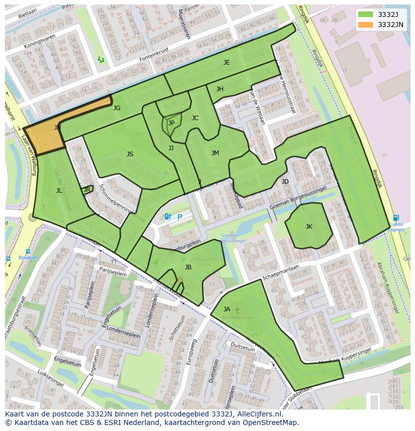 Afbeelding van het postcodegebied 3332 JN op de kaart.