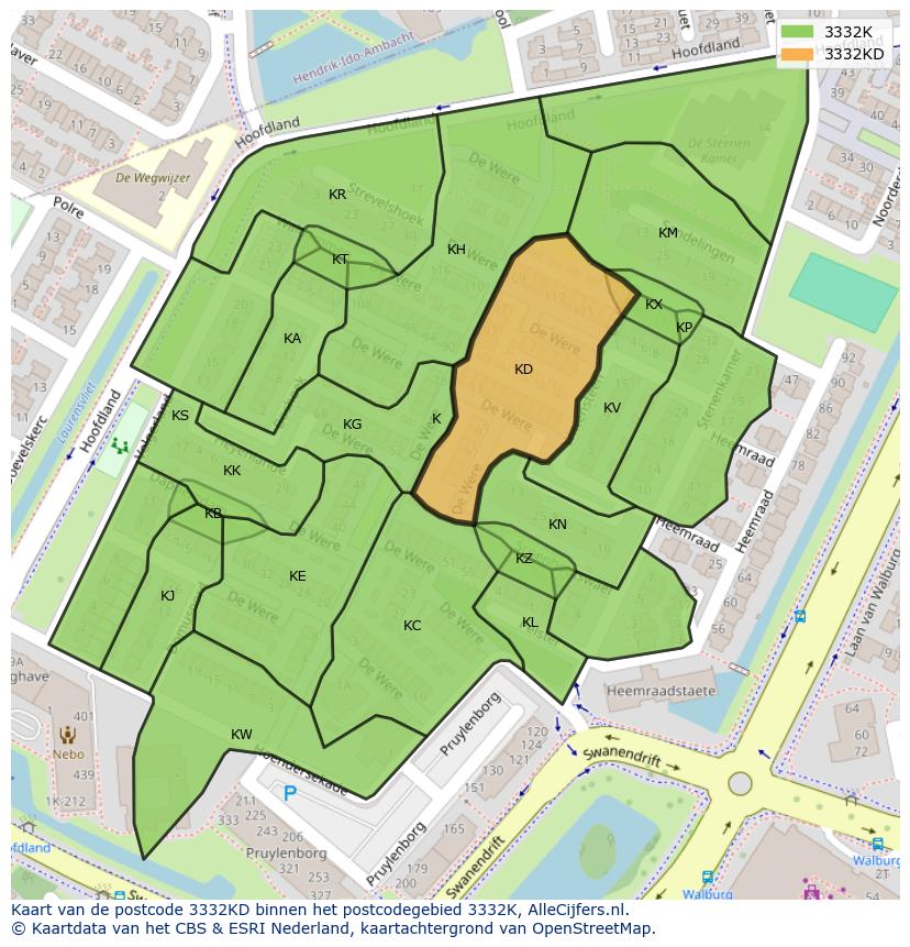 Afbeelding van het postcodegebied 3332 KD op de kaart.