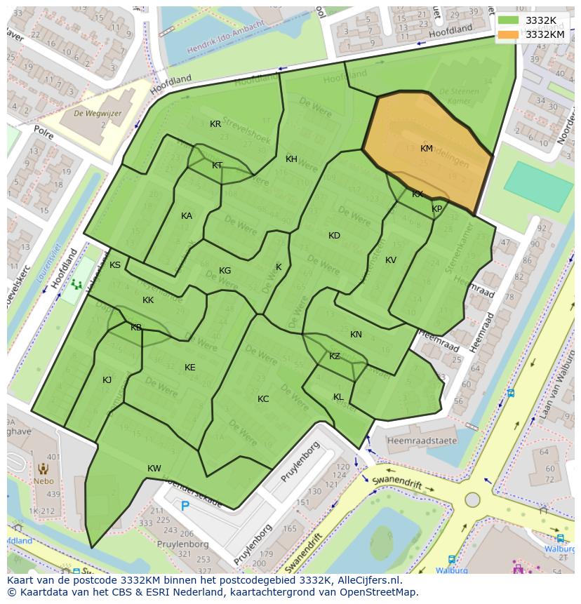 Afbeelding van het postcodegebied 3332 KM op de kaart.