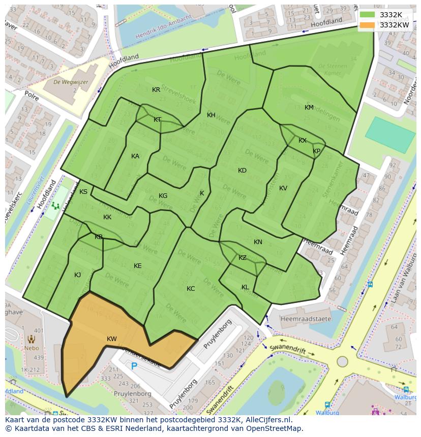 Afbeelding van het postcodegebied 3332 KW op de kaart.