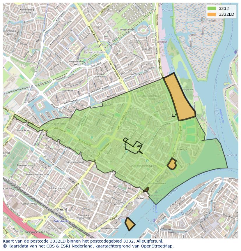Afbeelding van het postcodegebied 3332 LD op de kaart.