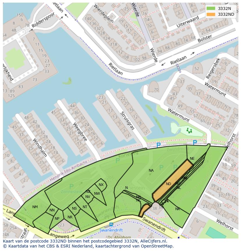 Afbeelding van het postcodegebied 3332 ND op de kaart.