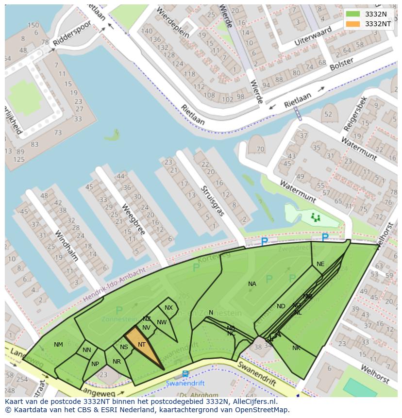 Afbeelding van het postcodegebied 3332 NT op de kaart.