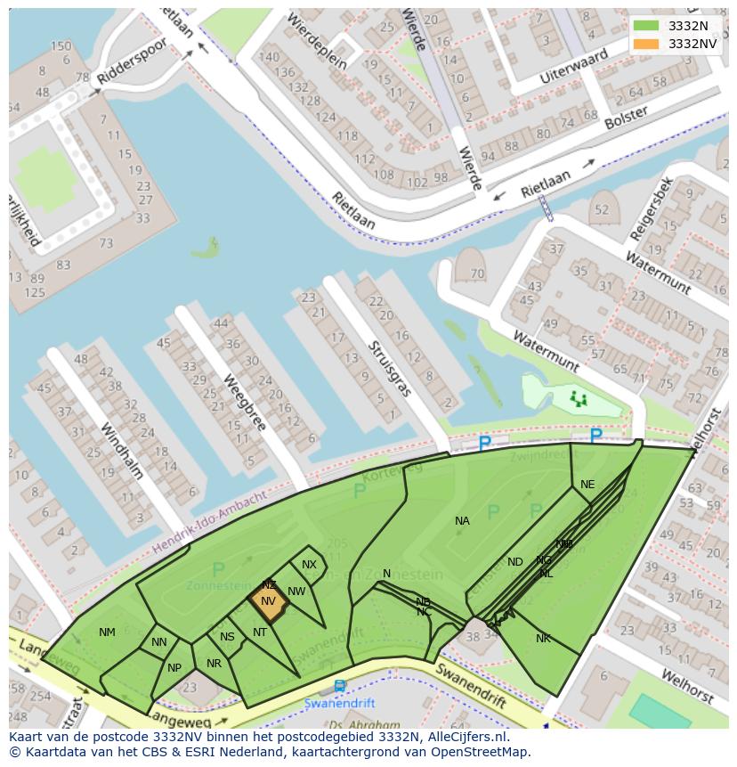 Afbeelding van het postcodegebied 3332 NV op de kaart.