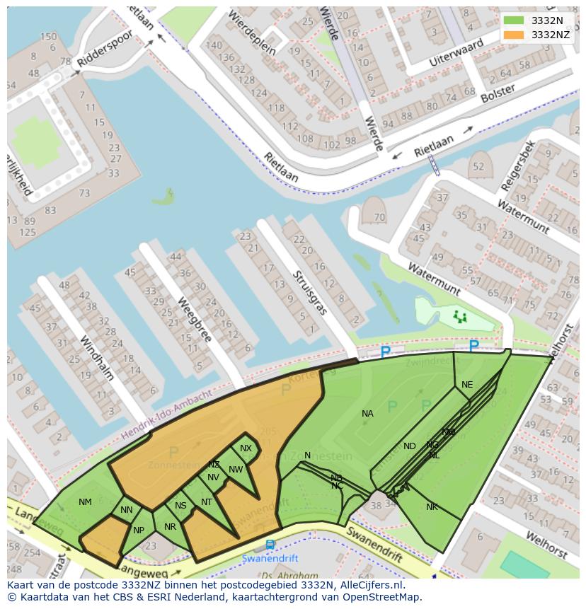 Afbeelding van het postcodegebied 3332 NZ op de kaart.