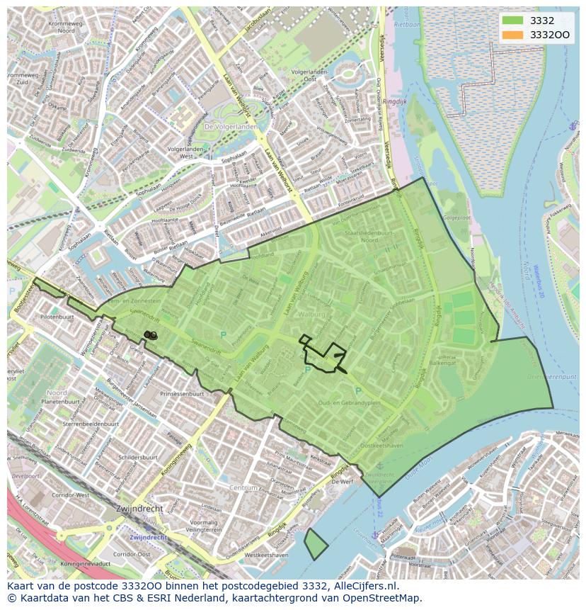 Afbeelding van het postcodegebied 3332 OO op de kaart.