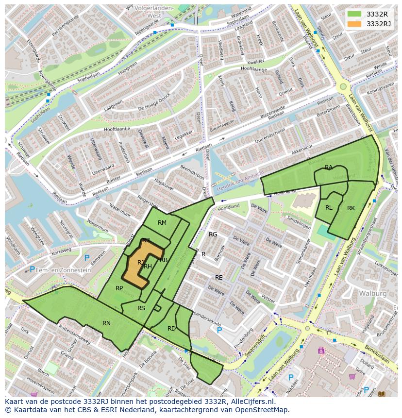 Afbeelding van het postcodegebied 3332 RJ op de kaart.