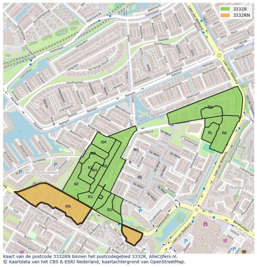 Afbeelding van het postcodegebied 3332 RN op de kaart.