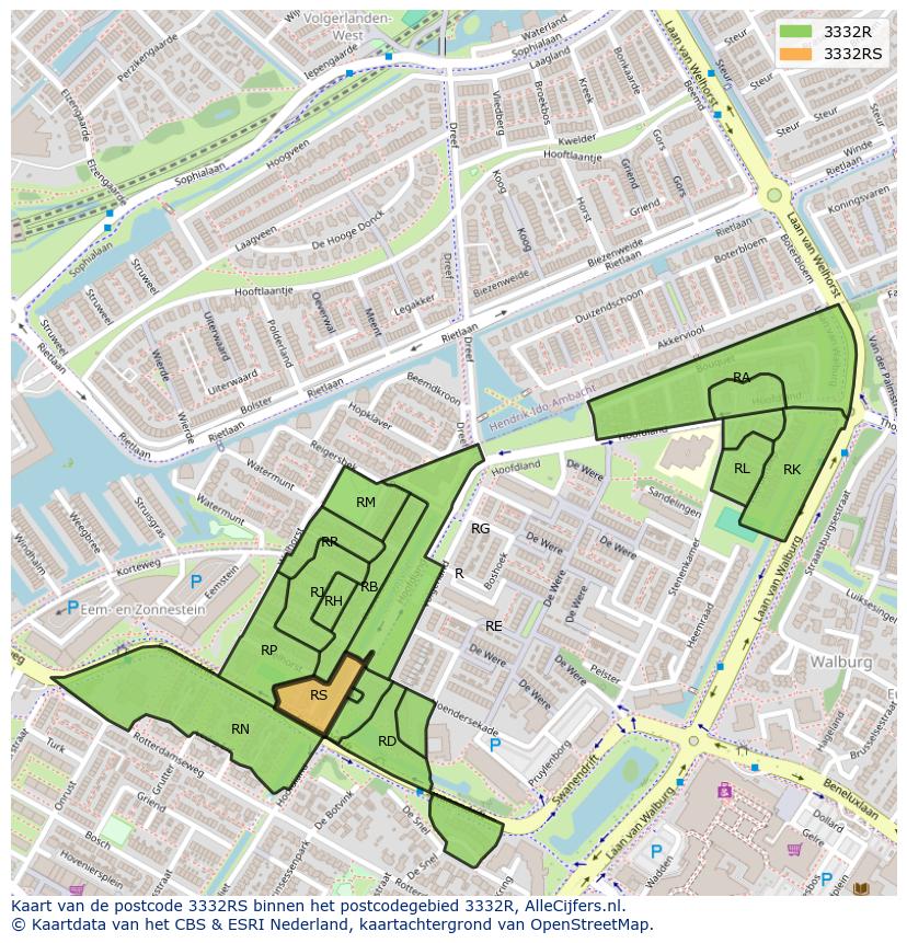 Afbeelding van het postcodegebied 3332 RS op de kaart.