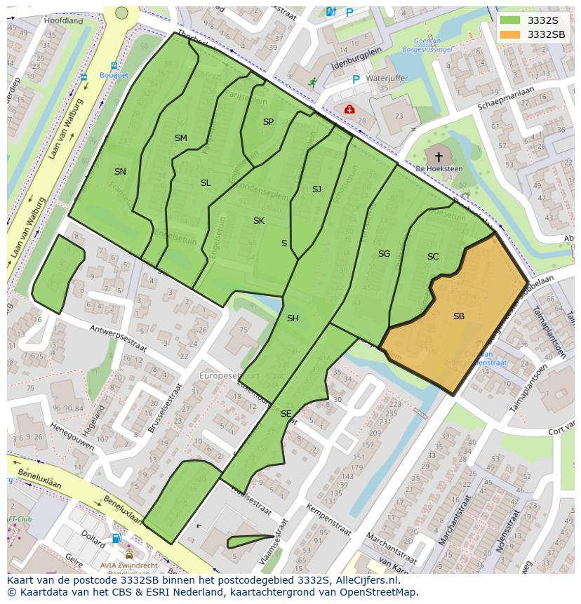 Afbeelding van het postcodegebied 3332 SB op de kaart.