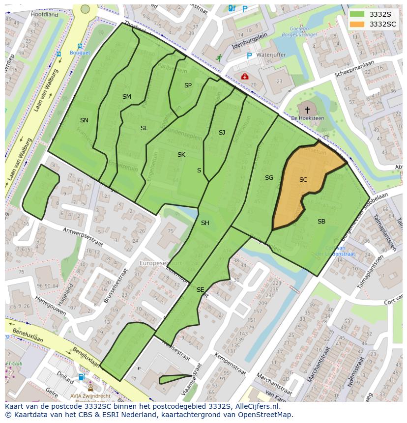 Afbeelding van het postcodegebied 3332 SC op de kaart.