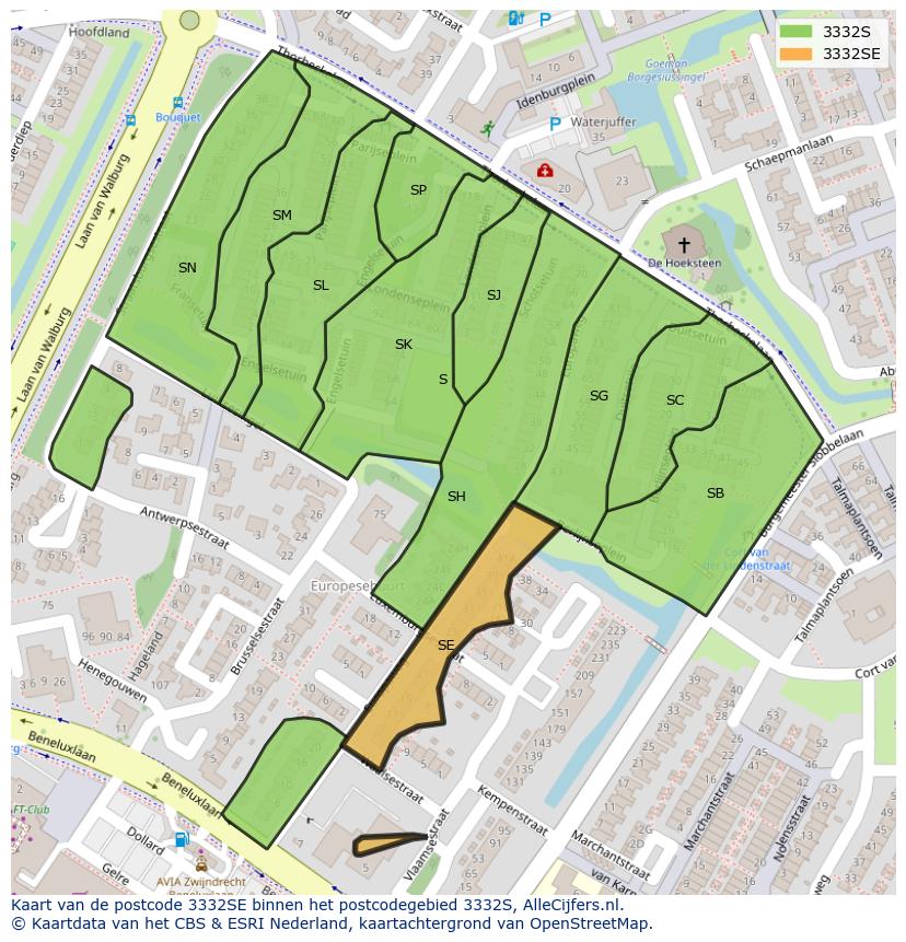 Afbeelding van het postcodegebied 3332 SE op de kaart.