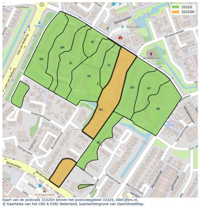 Afbeelding van het postcodegebied 3332 SH op de kaart.