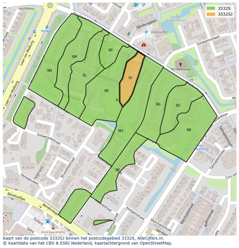 Afbeelding van het postcodegebied 3332 SJ op de kaart.