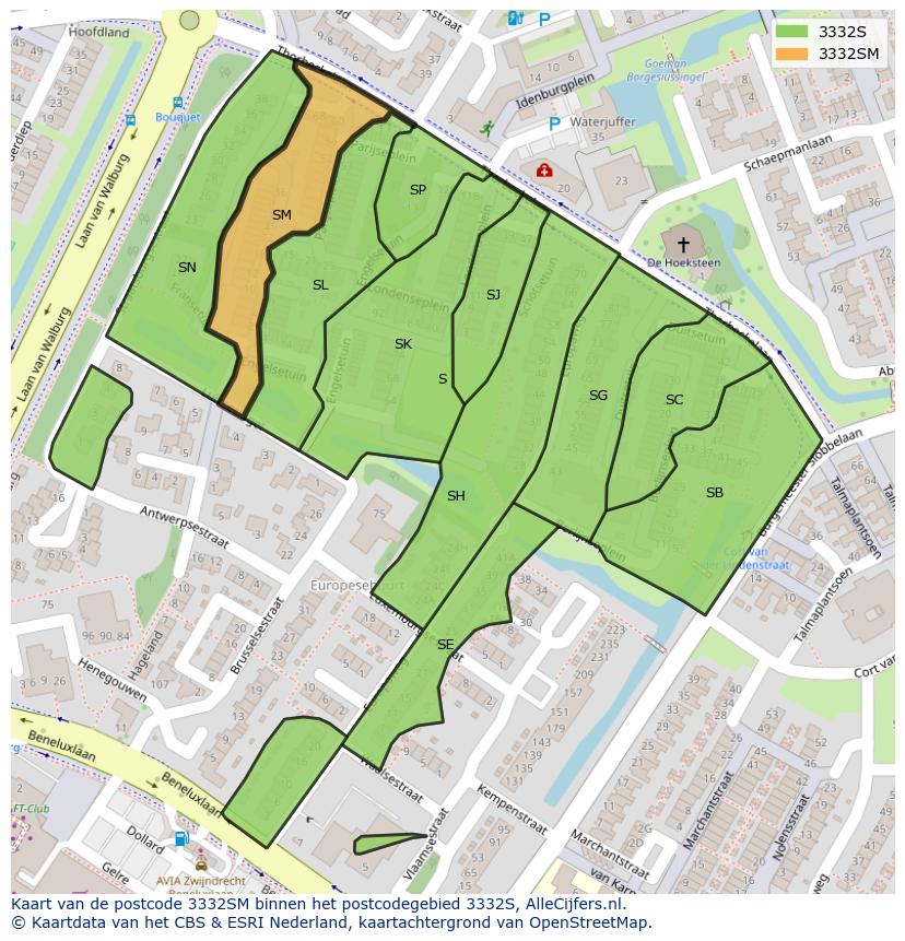 Afbeelding van het postcodegebied 3332 SM op de kaart.