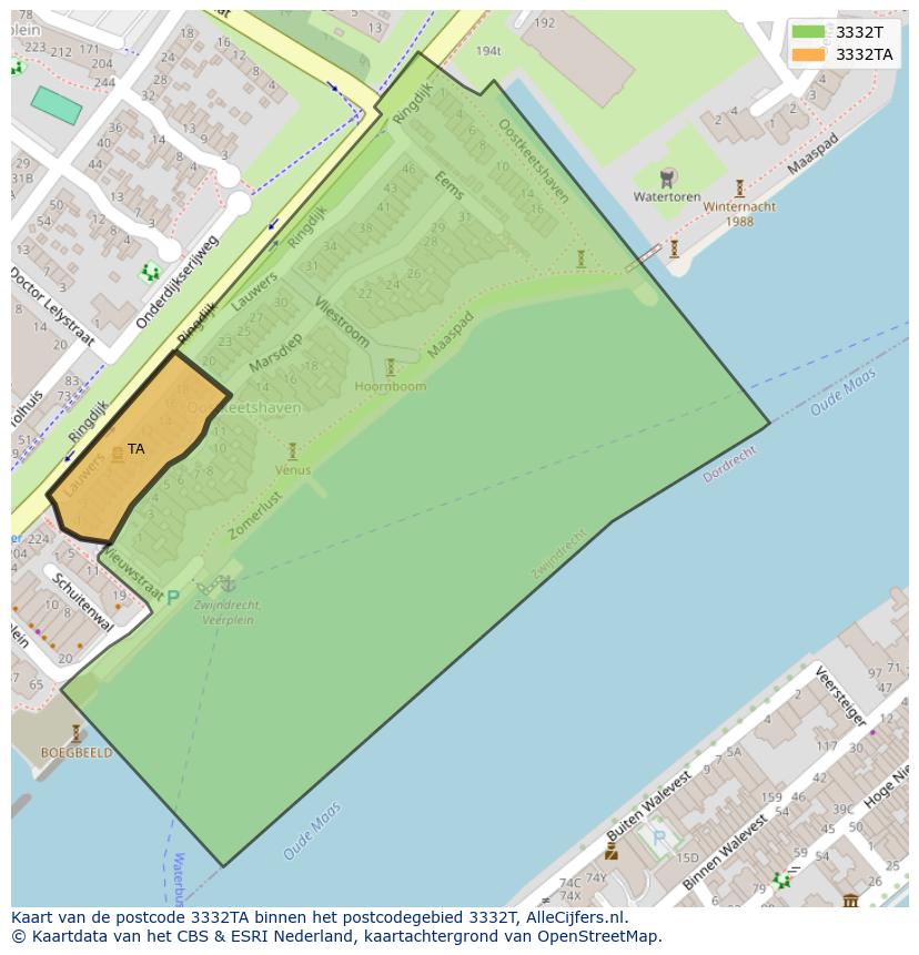 Afbeelding van het postcodegebied 3332 TA op de kaart.