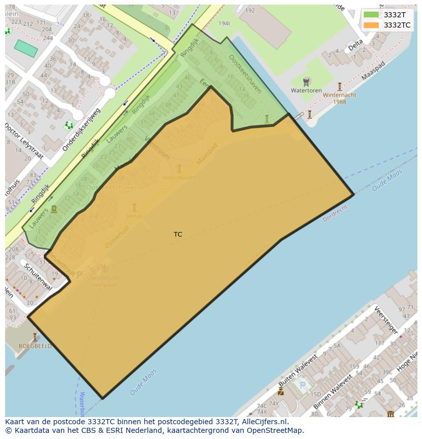 Afbeelding van het postcodegebied 3332 TC op de kaart.