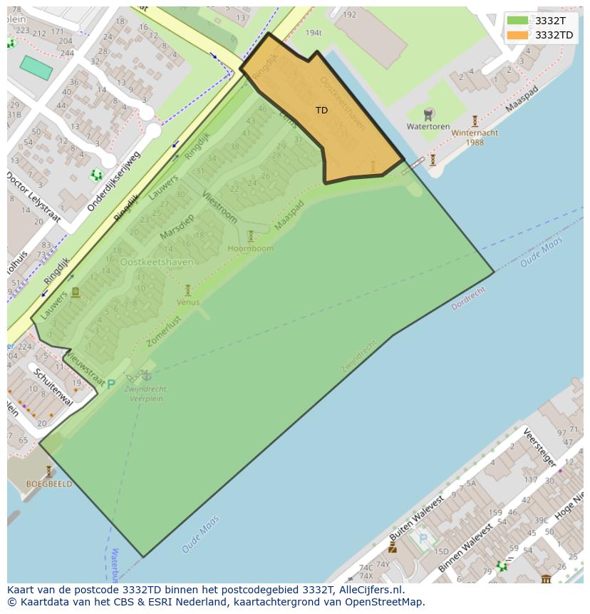 Afbeelding van het postcodegebied 3332 TD op de kaart.