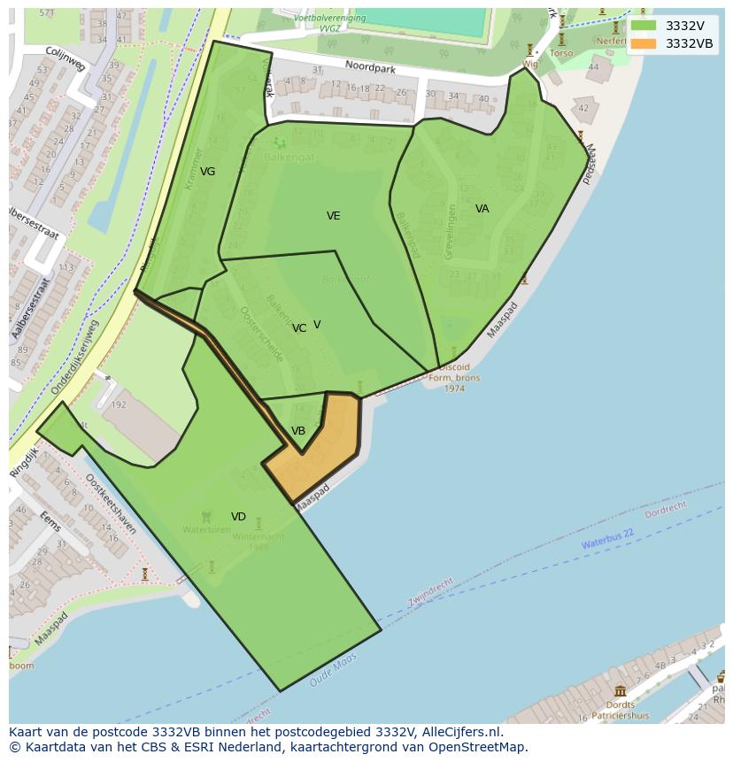 Afbeelding van het postcodegebied 3332 VB op de kaart.