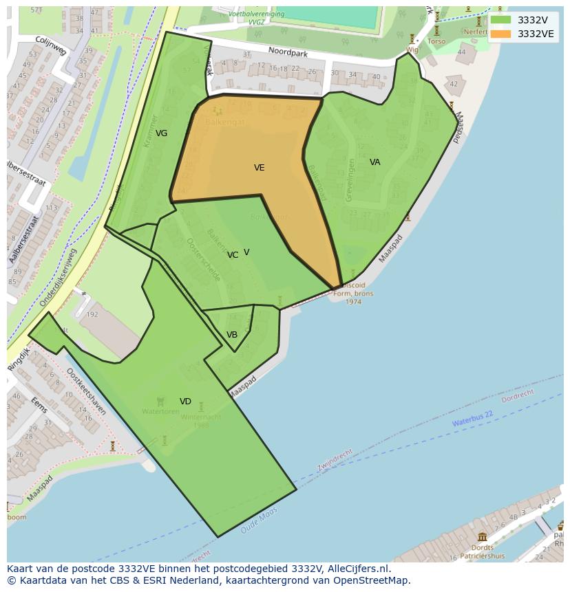 Afbeelding van het postcodegebied 3332 VE op de kaart.